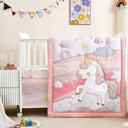 3-Piece Crib Bedding Set for Girls - Ultra Soft Baby Bedding Set Includes Crib Comforter, Sheet & Skirt (Unicorn)