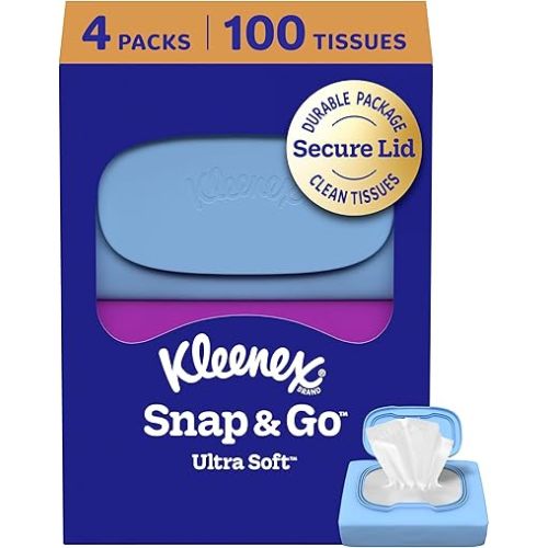 Kleenex Snap & Go Ultra Soft Facial Tissues, 4 On-the-Go Packs, 25 Tissues per Pack, 3-Ply, Packaging May Vary