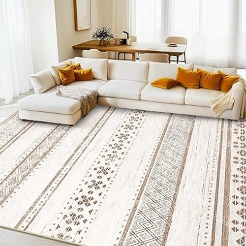 8x10 Area Rugs for Living Room Washable Moroccan Farmhouse Neutral Geometric Low Pile Non-Slip Soft Print Pattern Rug for Bedroom Kitchen Dining Room Entryway Cream/Brown/Pink