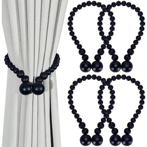 KLOGTSIND Magnetic Curtain Tiebacks, Curtain Tie Backs for Curtains 4 Pack, Wood Bead Curtain Tiebacks, Curtain Holders for Boho Bedroom Decor, Baby Nursery Decor, Farmhouse Decor