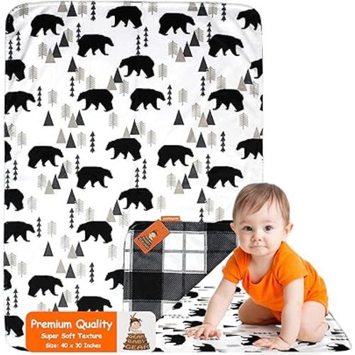 Dear Baby Gear Reversible Baby Blankets - Soft Nursery Blanket for Newborn - Toddler Blankey - Throw Blanket for Boys & Girls - Infant Blankets -40x30 (Black Bears, Geometric Trees/Black&White Plaid)