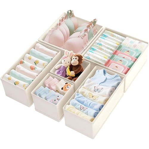 Drawer Organizer Clothes 6 Pack, Dresser Closet Organizers For Baby Clothes Underwear, Sock Beige