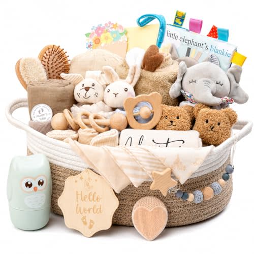 30 Piece Baby Gift Basket – Luxury Curated Baby Gift Basket for Newborn | Premium All-in-One Baby Shower Gift Set, Essentials with Keepsakes for First Visit (Khaki)