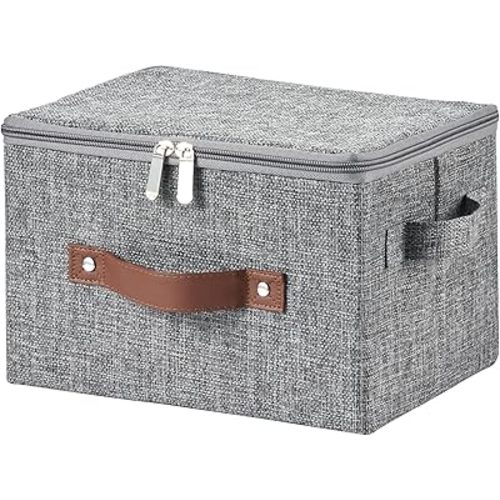 Storage Bins with Zipper Lid Cotton Linen Fabric Lidded Storage Baskets Boxes Foldable Washable Closet Shelf Clothes Organizer Container with PU Leather Handles (Gray, Small Size)