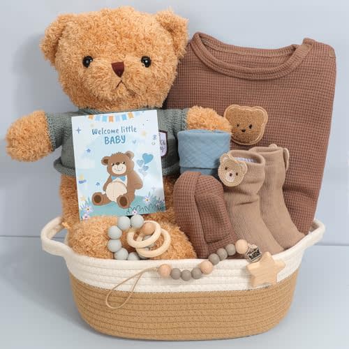 Baby Boy Gift Basket | Baby Boy Gifts for Baby Shower | 9PCS Newborn Essential with Teddy Bear Outfit, Plush Bear, Soothing Bracelet, Pacifier Clip | Welcome Baby Gift Box Gender Reveal Set