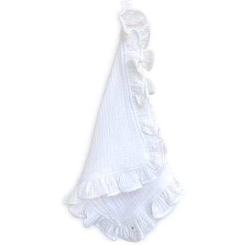 Ryan & Rose Cutie Lovey - Soft 100% Organic Cotton Muslin with Attachable Snap Closure - Baby Lovey Security Blanket (Ruffle White)