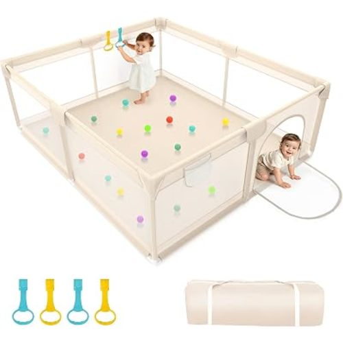 79x71 Baby Playpen - Extra Large Play Yard with 4 Handles, Apricot