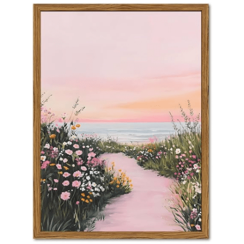 Framed Vintage Landscape Wall Art, Pink Floral Coastal Pictures Wall Decor, Rustic Wildflower Nature Paintings Canvas Prints Home Decor Aesthetic for Living Room Bedroom Bathroom 12x16 inch