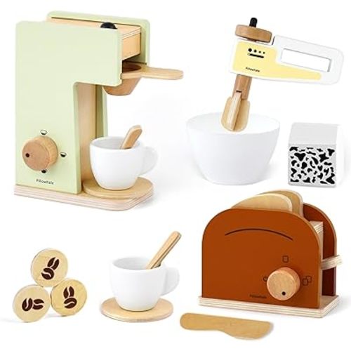 Kids Coffee Maker Playset,Wooden Toy Toaster,Toy Mixer,3-in-1 Kids Kitchen Playset,Pretend Play Kitchen Accessories,Wooden Kitchen Sets for Kids Toddlers Boys Girls Ages 3+