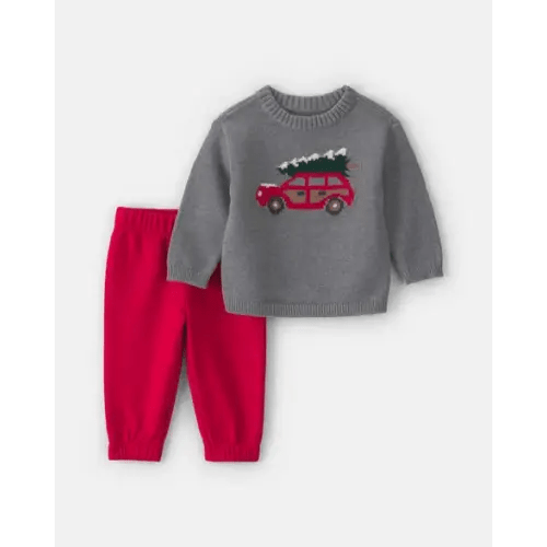 Baby Boy 2-Piece Christmas Tree Car Sweater & Pant Set - Grey/Red | Carter's