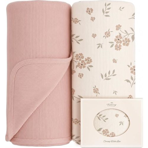 Konssy 2 Pack Ribbed Knit Swaddle Blankets for Baby Boys & Girls, 33"x42"