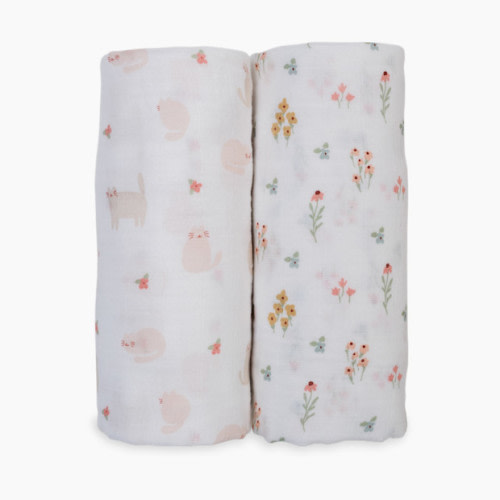 Lulujo Muslin Swaddles (2 Pack) - Kitty Cat/Flower Field, 2