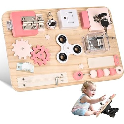 Potatomato Pink Montessori Wooden Busy Board – Sensory Toy for Toddlers – Educational Activity Board for Kids Fine Motor Skills– Travel Fidget Toy for Girls & Boys – Birthday Gift for Autism & ADHD