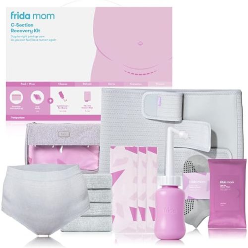 Frida Mom C-Section Recovery Must Have Kit for Labor, Delivery, & Postpartum, Socks, Peri Bottle, Disposable Underwear, Abdominal Support Binder, Shower Wipes, Silicone Scar Patches, & Toiletry Bag