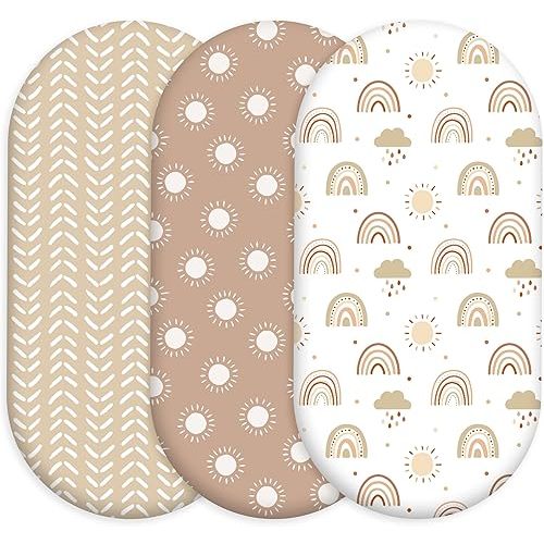 3 Pack Stretchy Bassinet Sheets for Baby Girl Boy, Soft Breathable Baby Bassinet Mattress Sheets Fit for Hourglass Oval Cradle, Moses Basket Rectangle Mattress (Brown Rainbow)