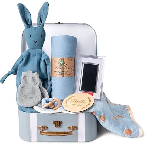Baby Shower Gifts for Boys, Baby Boy Gifts & Newborn Essentials Bunny Lovey Security Blanket Wooden Milestone Card Infant Rattle Toy, Neworn Boy Gift Basket Set