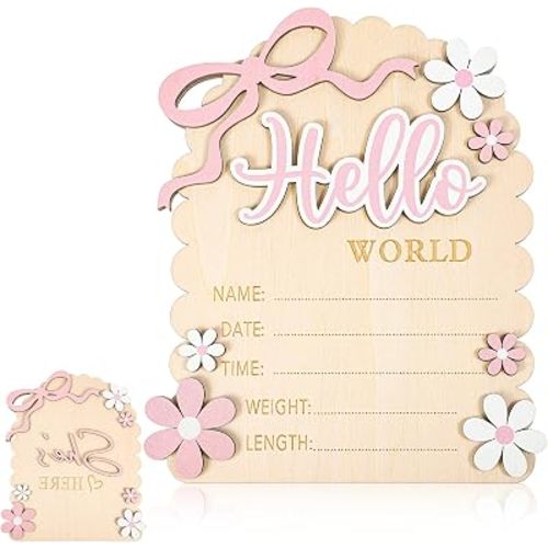 Baby Announcement Sign Hello Worlds Newborn Sign Wooden 3D Pink Bows Birth Announcement Signs She’s Here Card for Newborn Photo Props Welcome Babies Shower Hospital Nursery Decor Double-Sided
