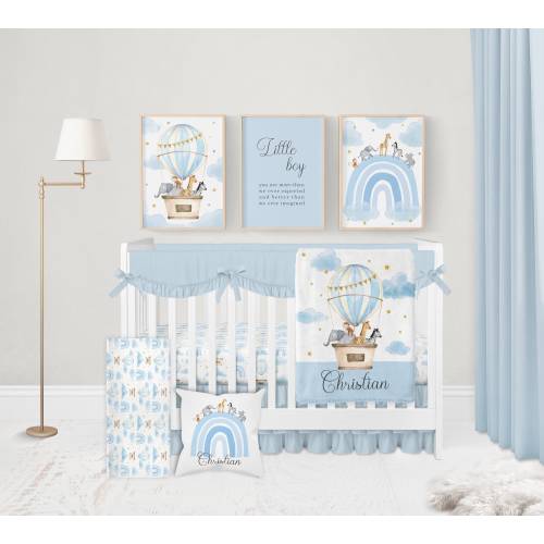 Baby Boy Crib Bedding Set, Boy Nursery Bedding, Safari Crib Bedding, Blue Crib Bedding, Hot Air Balloon Crib, Crib Sheets Boy, Cloud Nursery