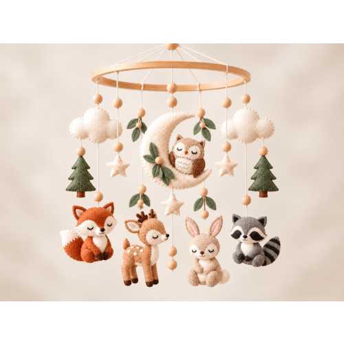 Woodland Baby Mobile, Felt Animal Crib Mobile, Forest Nursery Decor, Fox Deer Bunny Raccoon Owl Crescent Moon Crib Hanging, Baby Shower Gift