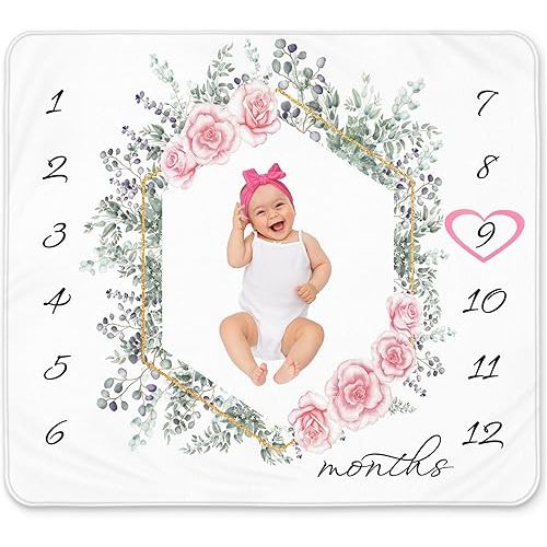 Baby Girl Milestone Blanket – 50x40, Soft Fleece, Eucalyptus & Rose Floral Design, Includes Headband & Wreath, Monthly Growth Chart, Newborn Keepsake & Baby Shower