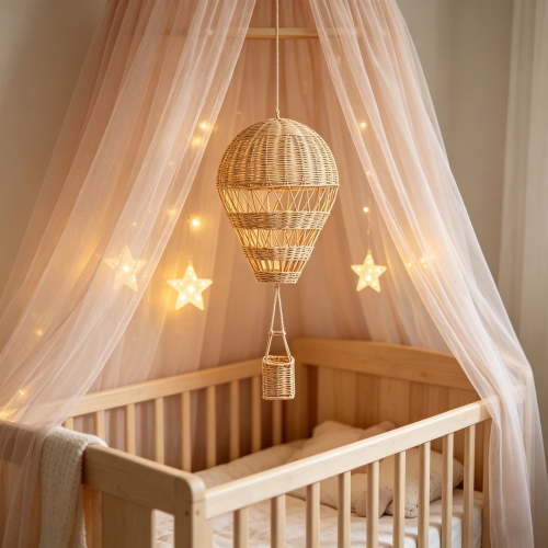 Natural Rattan Hot Air Balloon Hanging Ornament for Nursery Decor and Children's Room, Handwoven Wooden Decorative Balloon 30x22cm Photography Props Home Wall Decor