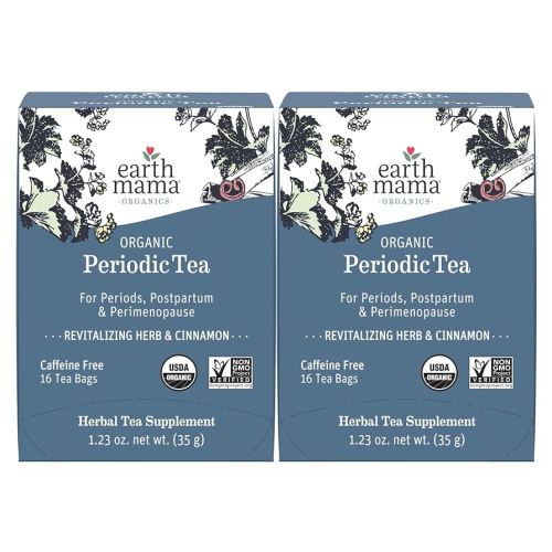 Earth Mama Organic Periodic Tea | 100% Organic Herbal Support for Periods, Postpartum & Perimenopause, 16 Teabags Per Box (2-Pack)