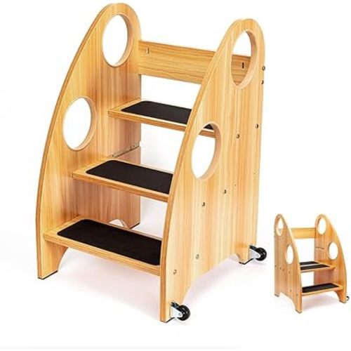 StrongTek Kids Step Stool, Step Ladder with Wheels & Safety Handles, 3-Tier Wooden Toddler Standing Tower, Convertible Chair with Non-Slip Steps, 350 lbs Capacity for Kitchen & Bathroom
