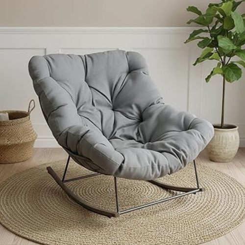 Outdoor Patio Rocking Chair, Oversized Papasan Chair with Cushion and Frame, Comfy Modern Rocker Egg Chair for Living Room, Garden Backyard, Grey