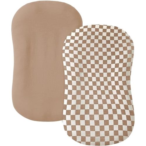 guruixu Muslin Baby Lounger Cover 2 Pack, 100% Cotton Infant Lounger Cover, Soft & Breathable Replacement Slipcover, Compatible with Snuggle Me Newborn Lounger (Coffee,Coffee Check)