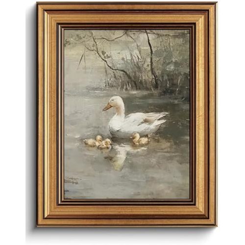 Gold Framed Wall Art Vintage Spring Duck Canvas Wall Art Retro Cottagecore Artwork Nature Landscape Prints Rustic Oil Painting Style Picture for Living Room Farmhouse Office Decor, 8x10