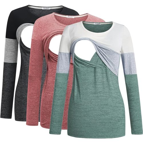 Bearsland Women's 3 Packs Maternity Clothes Long Sleeves Breastfeeding Shirts Nursing Top