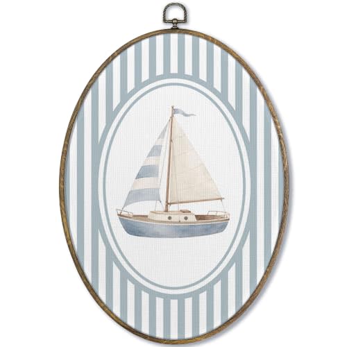 Fewgb Vintage Sailboat Nursery Oval Wall Art Decor, Coastal Nautical Beach Canvas Wall Art Framed Prints for Baby Toddler Kids Room Playroom Bedroom, Boat Ship Hanging Room Decor Picture Artwork 9x12