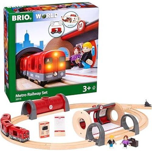 BRIO Metro Railway Set - 20-Piece FSC-Certified Wood Set & Accessories - Train Engine with Light & Sound, Kiosk, Wooden Tracks & More - Works with All BRIO Train Sets - Kids Ages 3 & Up