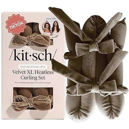 Kitsch Velvet XL Heatless Curling Set - Heatless Curls Overnight - Comfortable No Heat Hair Curlers With Two Velvet Bow Scrunchies to Sleep In for Frizz-Free & Non-Damage Styling - Eucalyptus