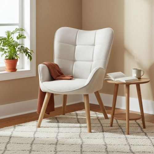 Homy Casa Wingback Accent Chair with Tufted Upholstery, High Back & Wooden Legs, for Living Room or Bedroom, Beige