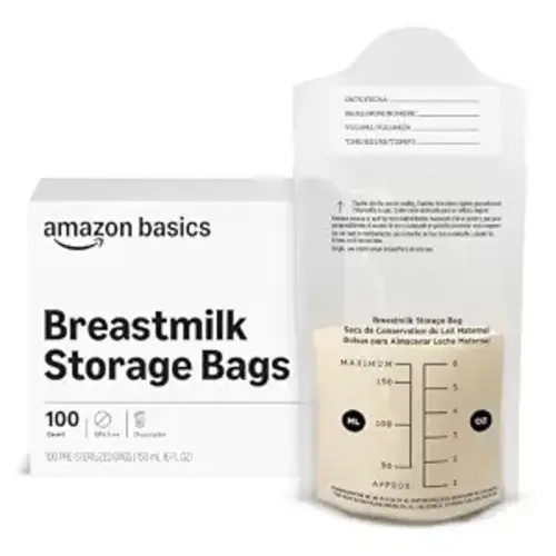 Amazon Basics Breastmilk Storage Bags, Pre-Sterilized, BPA Free, Double Zips, for Refrigeration and Freezer Storage, 100 Count, 6 fl oz (Previously Mama Bear)