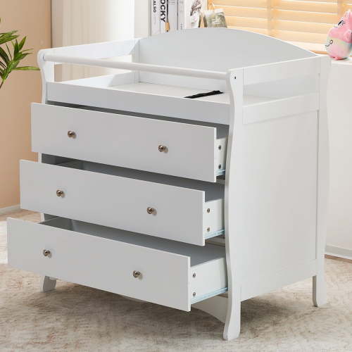 FCH Baby Changing Table, Wooden Dresser with 3 Drawers, Diaper Station Organizer, White