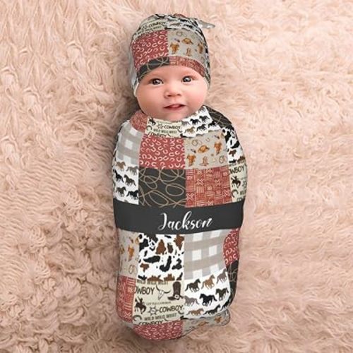 Personalized Baby Swaddle Blanket with Hat – Personalized Name Receiving Blanket Set for Newborn Boys – Soft Infant Gift Wrap (Cowboy)