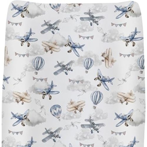 Vintage Planes Airplanes Helicopters Changing Pad Covers for Baby Girl Boy Hot Air Balloon Plane Clouds Sky Fitted Baby Changing Table Mats Soft Diaper Change Table Sheets 32''×16''
