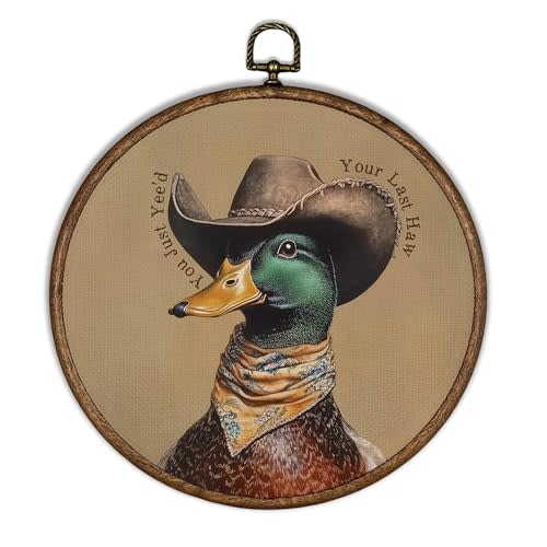 XBBMGG Western Cowboy Mallard Duck Wall Art Decor, Vintage Cowboy Hat Duck Round Wall Hanging Decor, Funny You Just Yee'd Framed Canvas Prints for Home Nursery Living Room Bathroom Decorations, 10x10inch