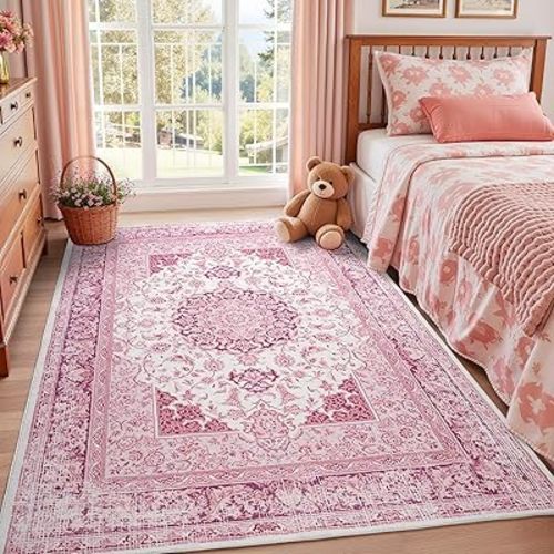 5x7 Bright Pink Area Rug for Living Room, Machine Washable Rugs with Non-Slip Backing for Girls Bedroom, Cute Vintage Carpet for Kitchen Laundry Kids Room