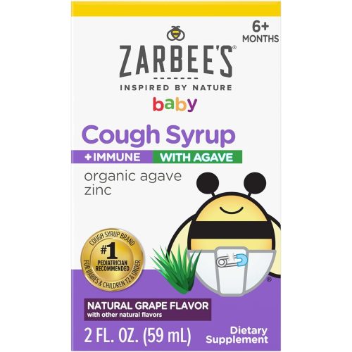 Zarbee's Baby Agave Cough Syrup + Immune for Babies 6+ Months, Safe & Effective with Cough Soothing✝ Organic Agave & Zinc for Immune Support*, Natural Grape Flavor, 2Fl Oz