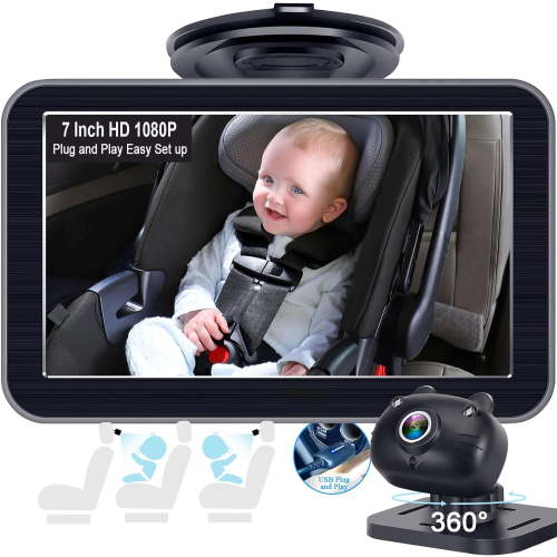 Baby Car Camera 7-Inch: USB Plug and Play Easy Setup 360 Degree Rotating Backseat Camera Two Kids HD 1080P Rear Facing Car Seat Cameras Clear Night Vision -V9