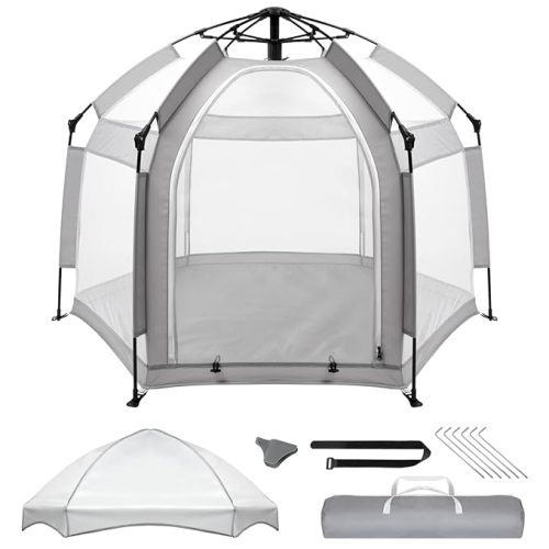 Palopalo Pop Up Baby Playpen with UPF50+ Canopy & Mosquito Net, Indoor & Outdoor Foldable Play Pen for Babies and Toddlers, Portable Baby Beach Tent with Travel Bag, Pop Up Pack and Play Yard, Grey