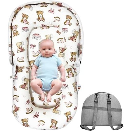 Baby Lounger, Foldable Portable Waterproof Baby Nest Cover, 0-24 Months Newborn Tummy Time Training & Seating Support Pillow, Dual-Use Breathable Infant Lounger Backpack for Home & Travel (Pink Bear)