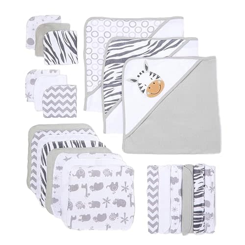 Spasilk 23-Piece Soft Terry Hooded Bath Towel and Washcloth Gift Set, 3 Baby Towels and 20 Baby Washcloths for Unisex Newborn Bath Essentials, Ideal, White Zebra