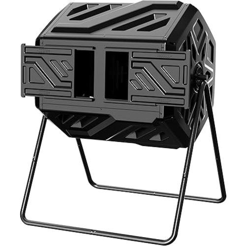 Compost Bin, Outdoor Composter, Fast Assembly 43 Gallon Dual Chamber Outdoor Compost Tumbler, Heavy Duty Tumbling Rotating Composter for Patio, Garden,Yard, Green, Easy Setup, Gloves Included