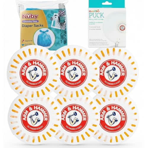 Odor Eliminator Cartridges, 6-Pack, Lavender Scent Baking Soda Pucks + Nuby Diaper Disposable Bags, 50 Count, Fresh Baby Scent – Diaper Pail Deodorizer & Odor management Bundle