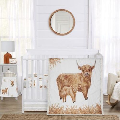 Sweet Jojo Designs Boy, Girl, Unisex/Gender Neutral Baby Crib Bedding Set - Boho Highland Cow Brown and Taupe 4pc