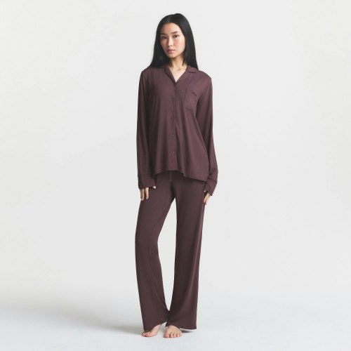 SKIMS SLEEP LONG SLEEVE BUTTON UP SET | RAISIN | SKIMS